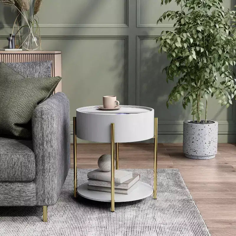 Table d'appoint de rangement ronde moderne Lenvine 20" blanche - miBasics : Structure en fer, étagères ouvertes et fixes, finition lisse