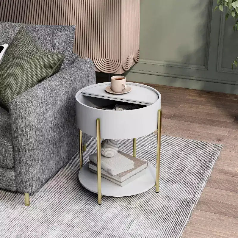 Table d'appoint de rangement ronde moderne Lenvine 20" blanche - miBasics : Structure en fer, étagères ouvertes et fixes, finition lisse