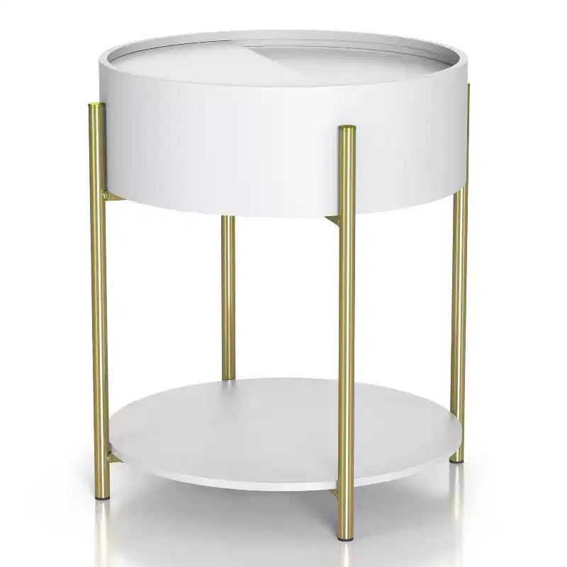Table d'appoint de rangement ronde moderne Lenvine 20" blanche - miBasics : Structure en fer, étagères ouvertes et fixes, finition lisse