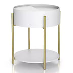 Table d'appoint de rangement ronde moderne Lenvine 20" blanche - miBasics : Structure en fer, étagères ouvertes et fixes, finition lisse