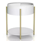 Table d'appoint de rangement ronde moderne Lenvine 20" blanche - miBasics : Structure en fer, étagères ouvertes et fixes, finition lisse