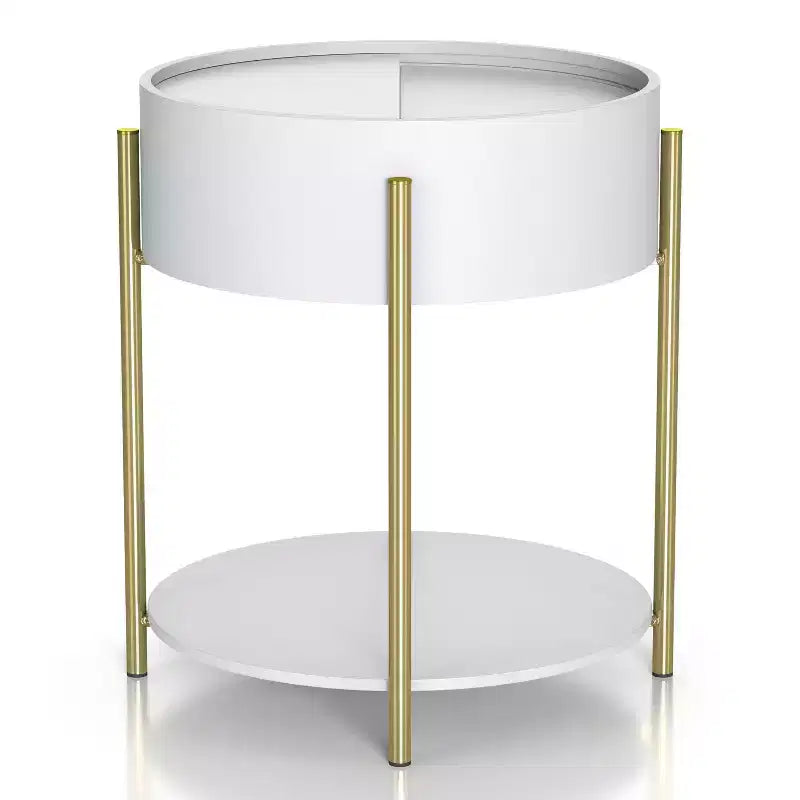 Table d'appoint de rangement ronde moderne Lenvine 20" blanche - miBasics : Structure en fer, étagères ouvertes et fixes, finition lisse