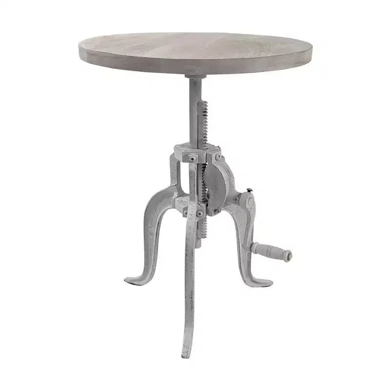 Table d'appoint à manivelle réglable Emma Carolina Living blanc délavé : base en fonte, bois de manguier, H 48-71 cm