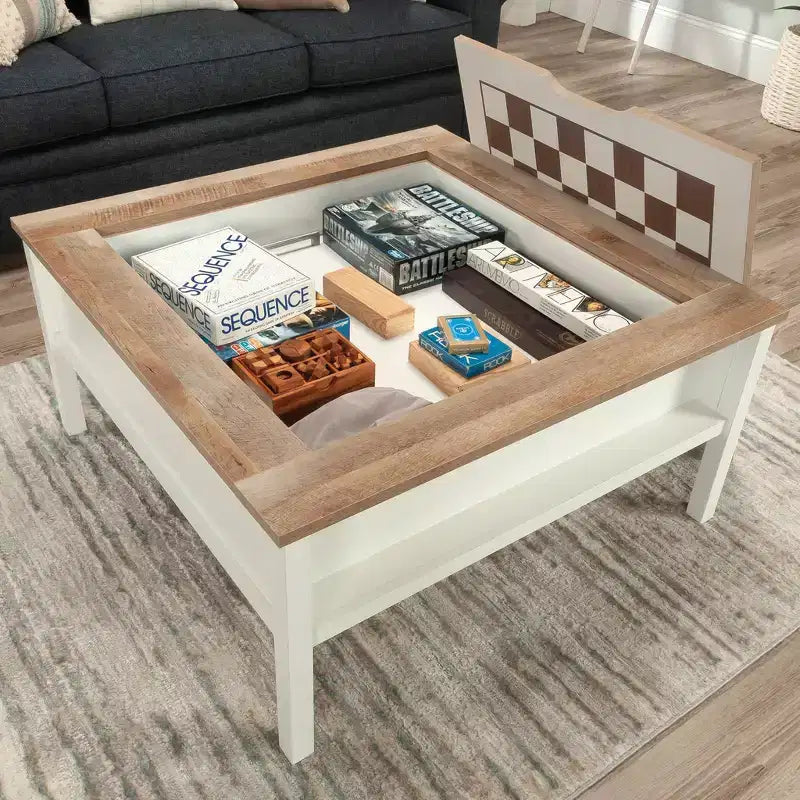 Table basse de jeu Cottage Road avec plateau réversible Blanc doux - Sauder : Échecs et Dames, étagère de rangement réglable