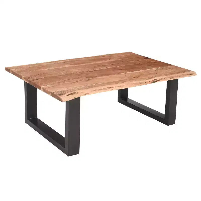 Table basse rectangulaire Urban Port de 45 po en bois d'acacia, bords bruts, base en métal thermolaqué noir, brun naturel