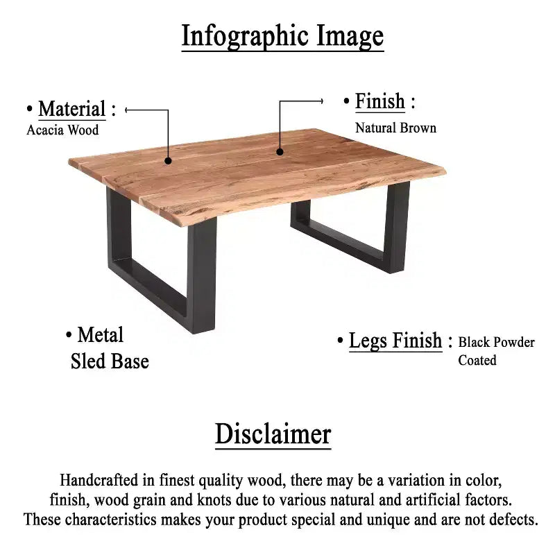 Table basse rectangulaire Urban Port de 45 po en bois d'acacia, bords bruts, base en métal thermolaqué noir, brun naturel