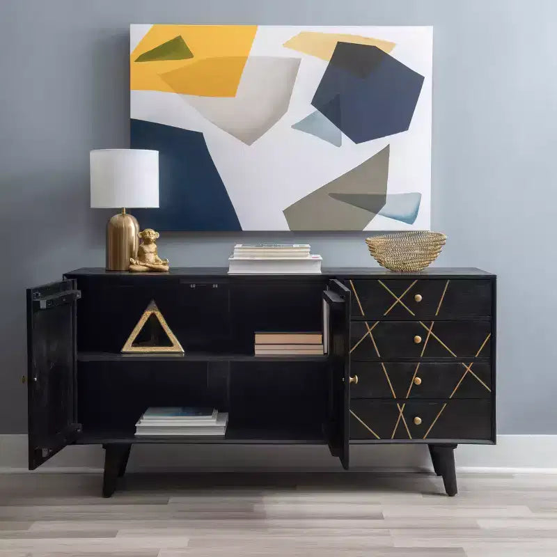 Console de rangement moderne Wafford Mid Century de 58 po - Powell : Bois de manguier, quincaillerie en fer