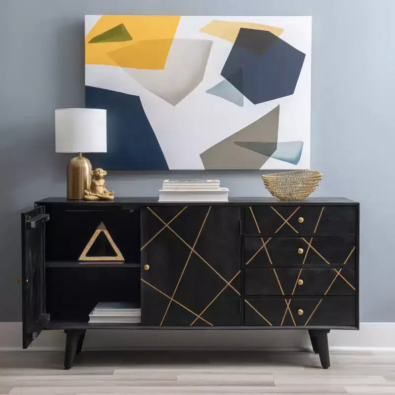Console de rangement moderne Wafford Mid Century de 58 po - Powell : Bois de manguier, quincaillerie en fer