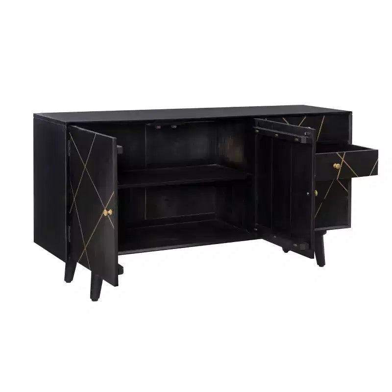 Console de rangement moderne Wafford Mid Century de 58 po - Powell : Bois de manguier, quincaillerie en fer
