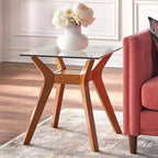 Table d'appoint Buylateral Fontana avec plateau en verre Noyer : Style moderne du milieu du siècle, cadre en bois d'hévéa, plateau en verre trempé transparent