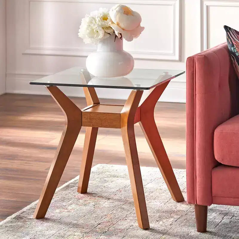 Table d'appoint Buylateral Fontana avec plateau en verre Noyer : Style moderne du milieu du siècle, cadre en bois d'hévéa, plateau en verre trempé transparent
