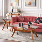 Table d'appoint Buylateral Fontana avec plateau en verre Noyer : Style moderne du milieu du siècle, cadre en bois d'hévéa, plateau en verre trempé transparent