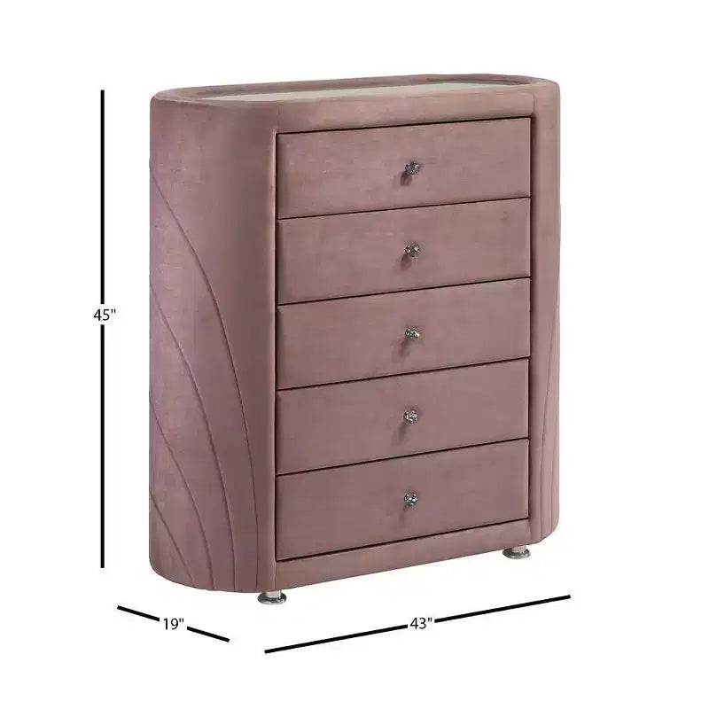 Commode décorative Salonia 43", velours rose - Acme Furniture : Rembourrée, 5 tiroirs, aucun assemblage requis
