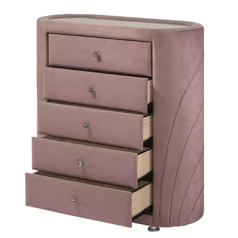 Commode décorative Salonia 43", velours rose - Acme Furniture : Rembourrée, 5 tiroirs, aucun assemblage requis