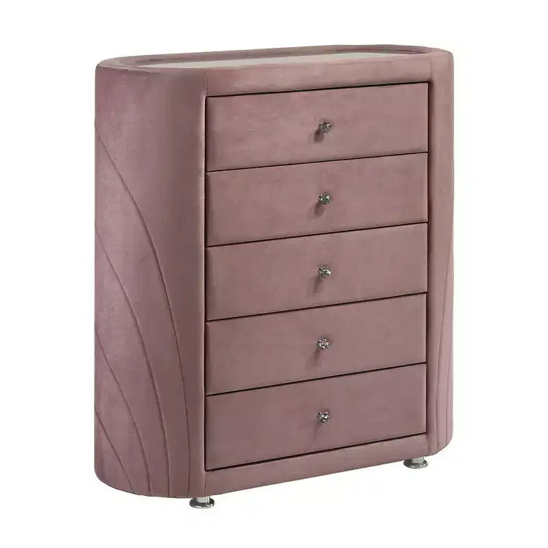 Commode décorative Salonia 43", velours rose - Acme Furniture : Rembourrée, 5 tiroirs, aucun assemblage requis