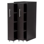 Bibliothèque en bois Lindo de Baxton Studio avec deux portes coulissantes, Meuble de rangement – Marron foncé : Rangement média, 10 étagères, 137,8 cm de hauteur