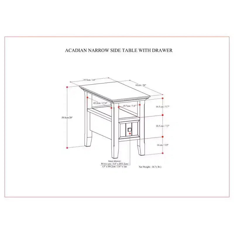 WyndenHall Normandy Table d'appoint étroite avec tiroir Brun Brunette : Étagère de rangement, Cadre en pin laqué
