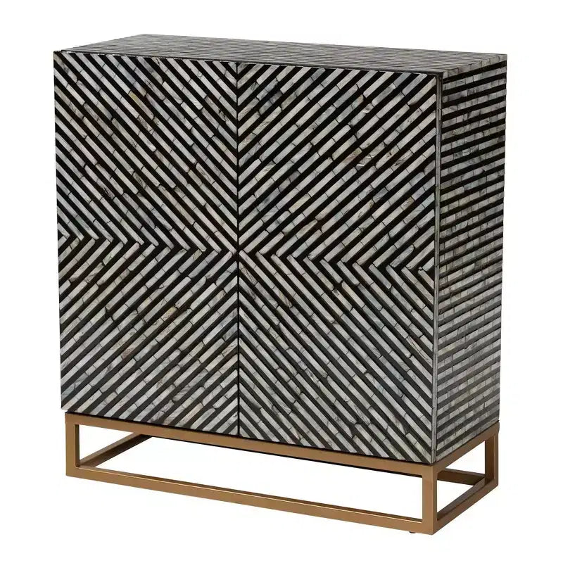 Baxton Studio Belenus, armoire de rangement bicolore en nacre et métal, rayée noir/gris/or : accent élégant, aucun assemblage requis