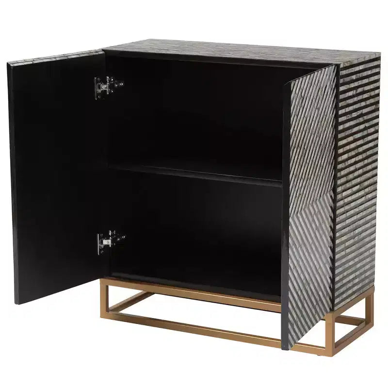 Baxton Studio Belenus, armoire de rangement bicolore en nacre et métal, rayée noir/gris/or : accent élégant, aucun assemblage requis