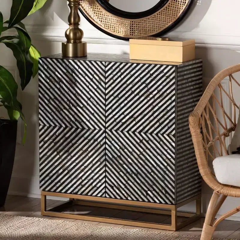 Baxton Studio Belenus, armoire de rangement bicolore en nacre et métal, rayée noir/gris/or : accent élégant, aucun assemblage requis