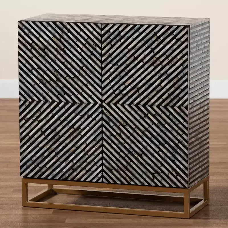 Baxton Studio Belenus, armoire de rangement bicolore en nacre et métal, rayée noir/gris/or : accent élégant, aucun assemblage requis