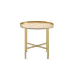 Table d'appoint Mithea 22" avec plateau en chêne et base en métal doré - Acme Furniture : Ronde, design barre croisée, montage sans outils