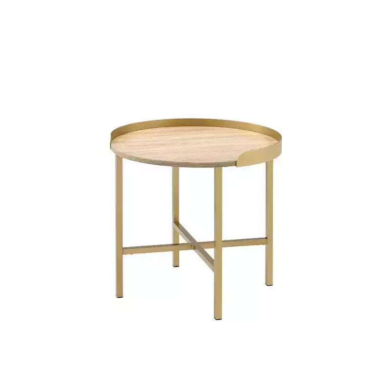 Table d'appoint Mithea 22" avec plateau en chêne et base en métal doré - Acme Furniture : Ronde, design barre croisée, montage sans outils