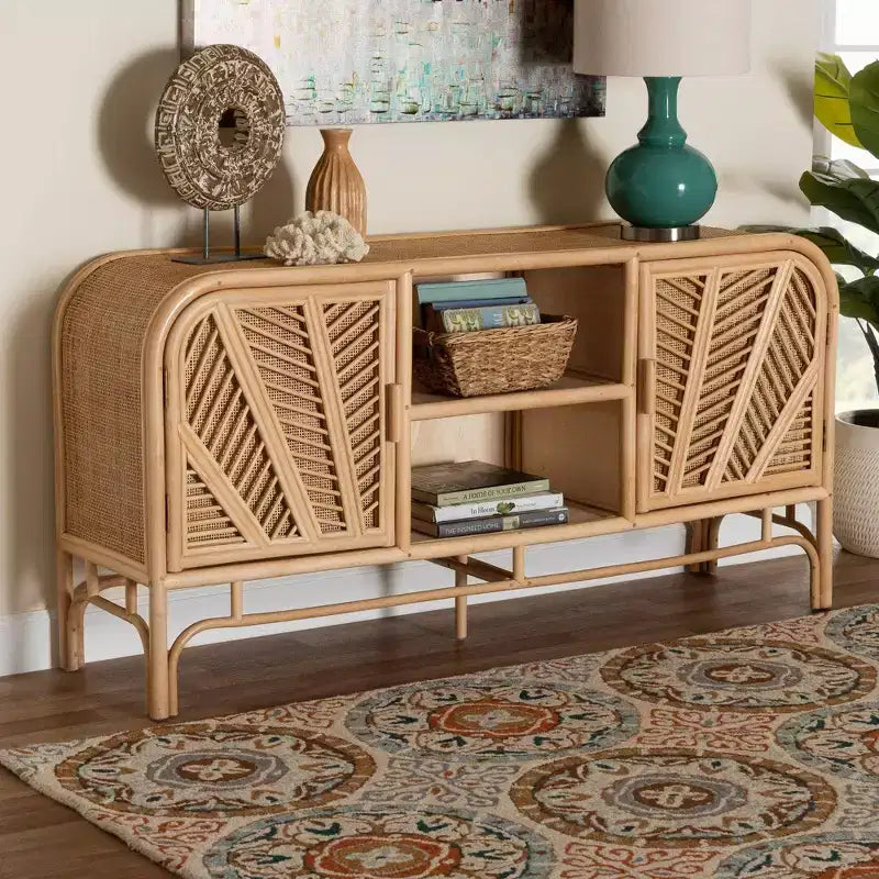 bali & pari Carabella Meuble de rangement 2 portes en rotin naturel Naturel : Étagères fixes, aucun assemblage requis