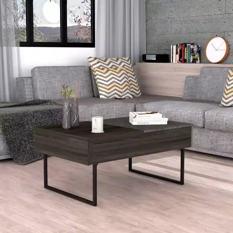 Table basse Turin Espresso - Boahaus : Plateau relevable, Rangement dissimulé, Base à double piédestal