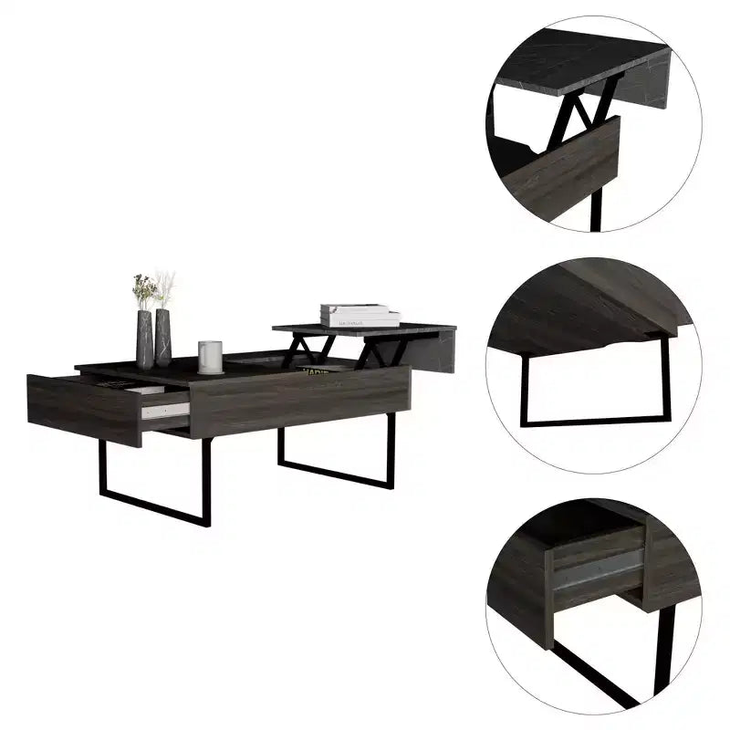Table basse Turin Espresso - Boahaus : Plateau relevable, Rangement dissimulé, Base à double piédestal
