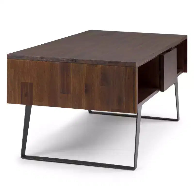 Table basse Mitchell : Industrielle urbaine, métal et bois massif, tiroir de rangement - WyndenHall