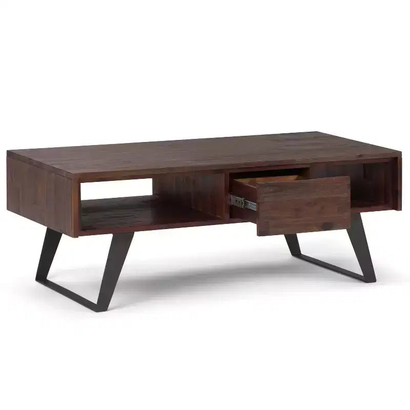 Table basse Mitchell : Industrielle urbaine, métal et bois massif, tiroir de rangement - WyndenHall
