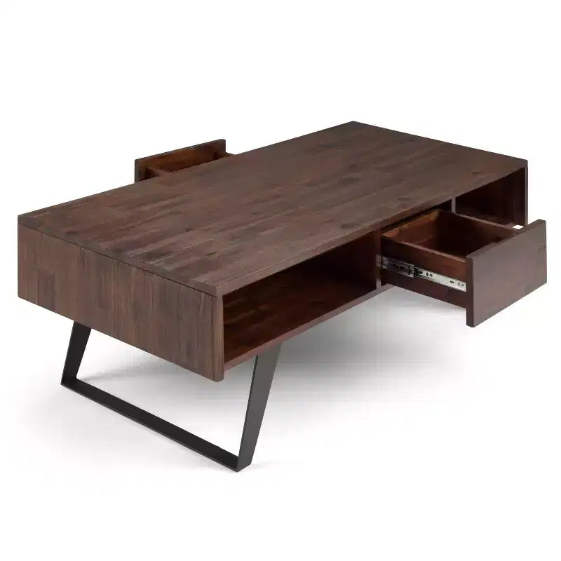 Table basse Mitchell : Industrielle urbaine, métal et bois massif, tiroir de rangement - WyndenHall