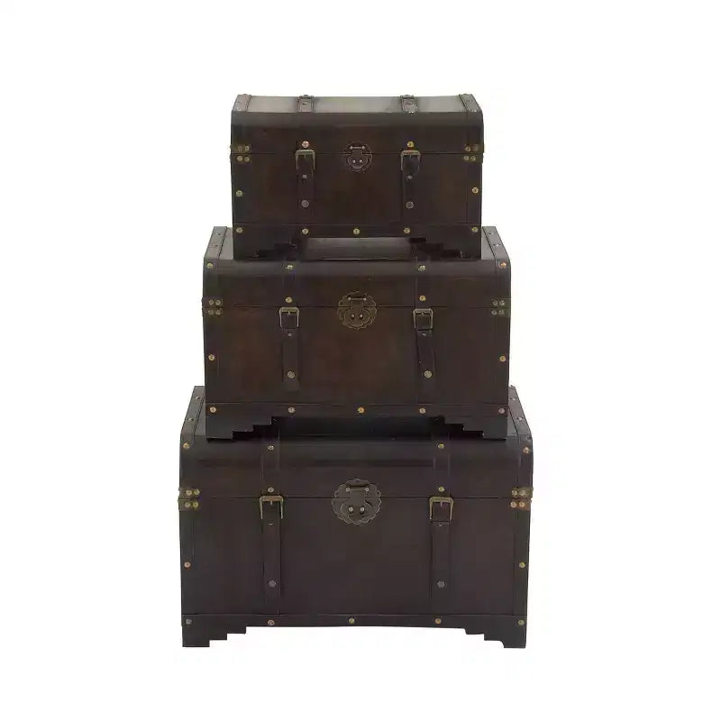 Lot de 3 Malles Traditionnelles en Bois Marron - Olivia & May : Finition Vieillie, Aucun Assemblage Requis, Rangement Décoratif