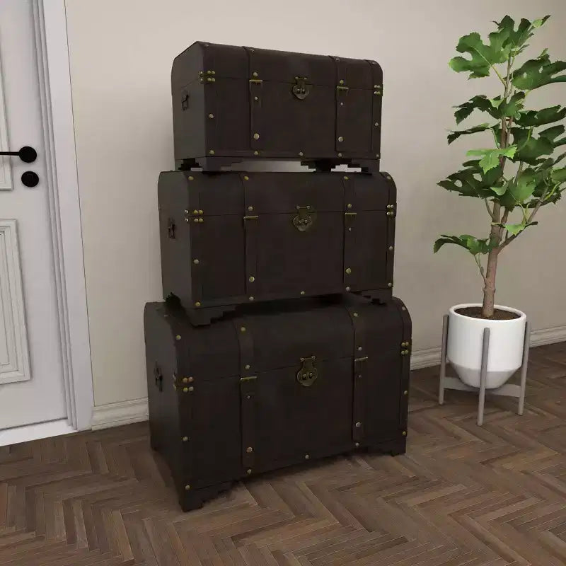 Lot de 3 Malles Traditionnelles en Bois Marron - Olivia & May : Finition Vieillie, Aucun Assemblage Requis, Rangement Décoratif