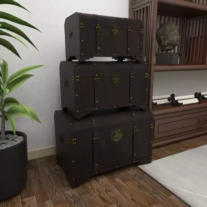 Lot de 3 Malles Traditionnelles en Bois Marron - Olivia & May : Finition Vieillie, Aucun Assemblage Requis, Rangement Décoratif