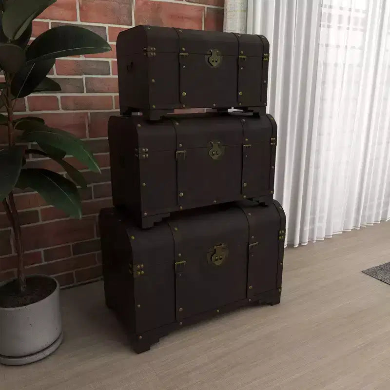 Lot de 3 Malles Traditionnelles en Bois Marron - Olivia & May : Finition Vieillie, Aucun Assemblage Requis, Rangement Décoratif