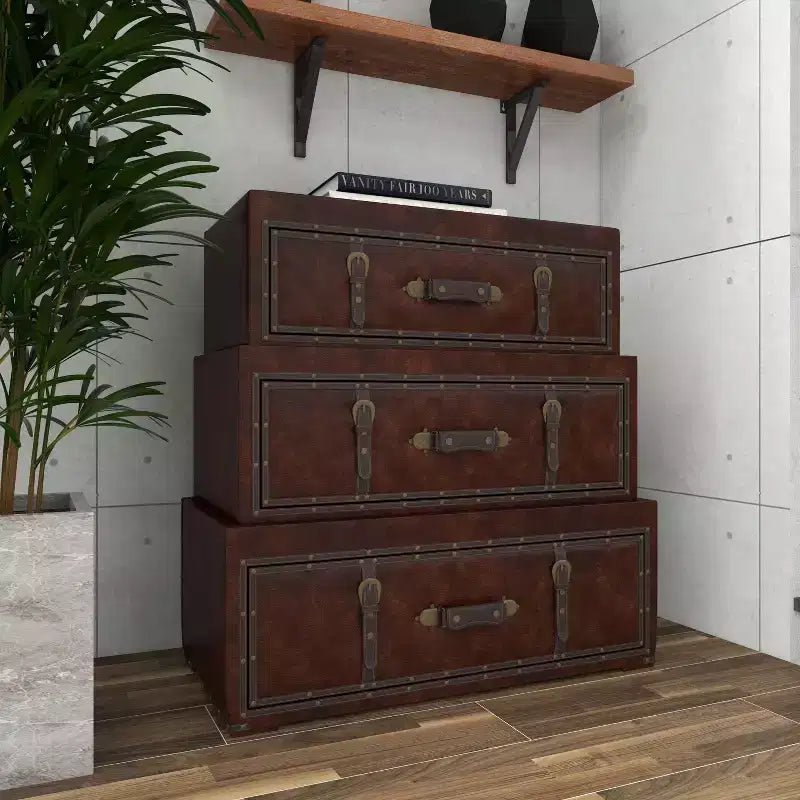 Olivia & May Coffre traditionnel en similicuir et bois marron : Rangement élégant à compartiments, aucun assemblage requis