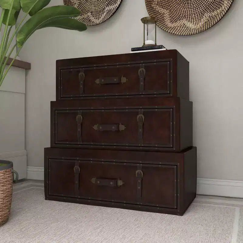 Olivia & May Coffre traditionnel en similicuir et bois marron : Rangement élégant à compartiments, aucun assemblage requis