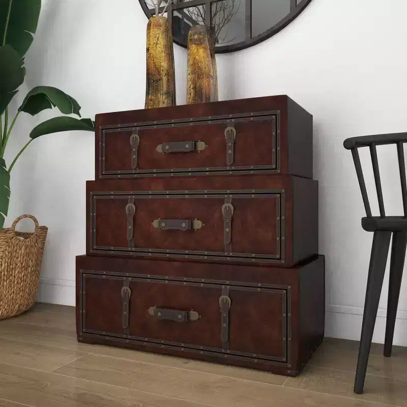 Olivia & May Coffre traditionnel en similicuir et bois marron : Rangement élégant à compartiments, aucun assemblage requis