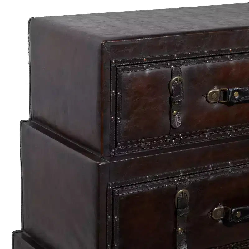Olivia & May Coffre traditionnel en similicuir et bois marron : Rangement élégant à compartiments, aucun assemblage requis