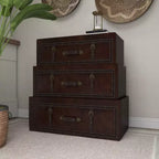 Olivia & May Coffre traditionnel en similicuir et bois marron : Rangement élégant à compartiments, aucun assemblage requis