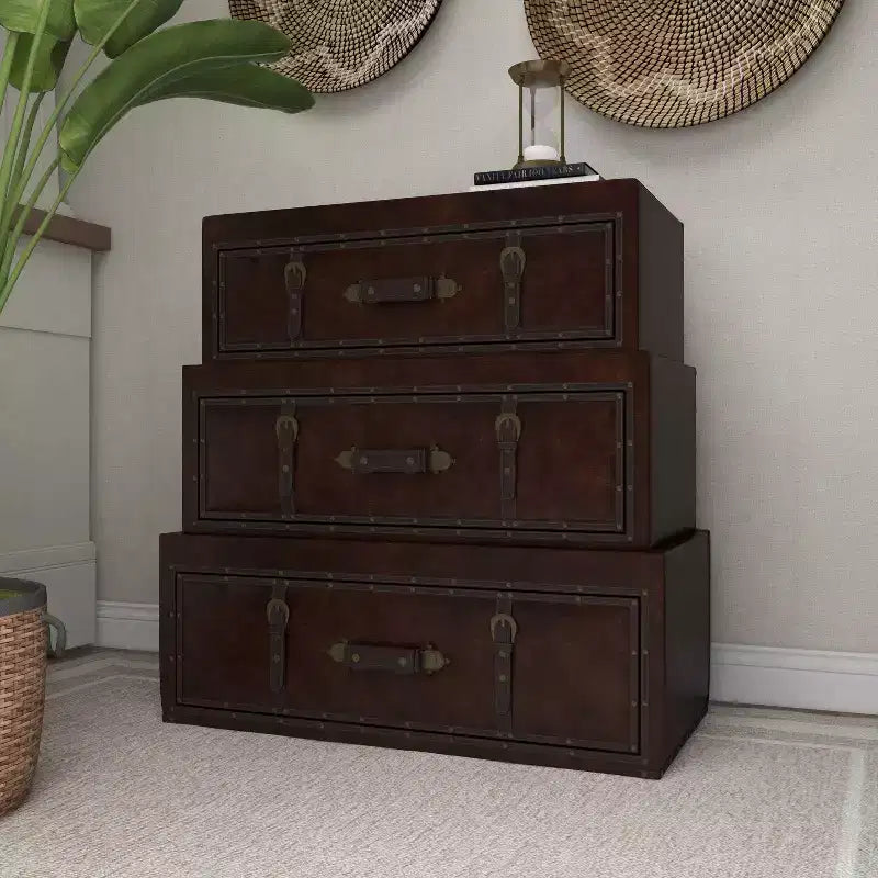 Olivia & May Coffre traditionnel en similicuir et bois marron : Rangement élégant à compartiments, aucun assemblage requis