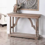 Console en bois avec piètement en tréteaux et design arqué, couleur marron - StyleCraft : Entrée, Profil étroit, Bois massif