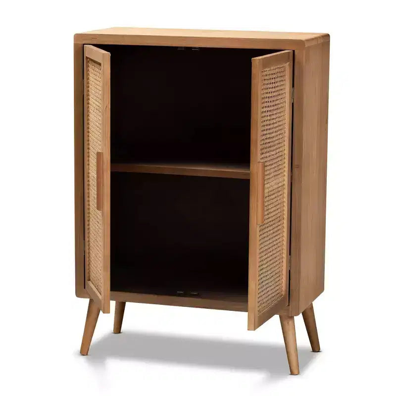Alina Wood and Rattan 2 Door Accent Storage Cabinet Oak - Baxton Studio : Style bohème, Étagères fixes, Aucun assemblage requis