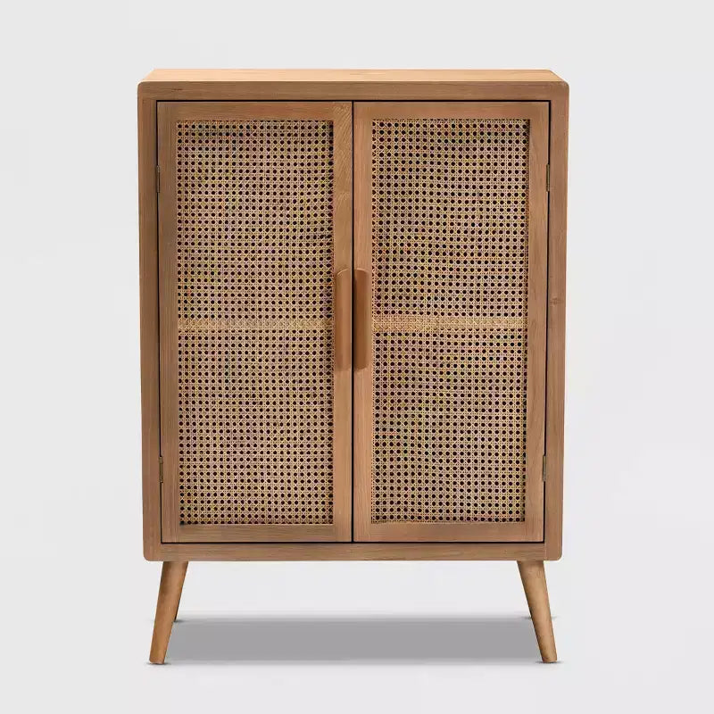 Alina Wood and Rattan 2 Door Accent Storage Cabinet Oak - Baxton Studio : Style bohème, Étagères fixes, Aucun assemblage requis