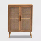 Alina Wood and Rattan 2 Door Accent Storage Cabinet Oak - Baxton Studio : Style bohème, Étagères fixes, Aucun assemblage requis