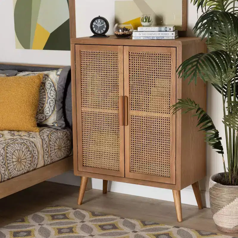 Alina Wood and Rattan 2 Door Accent Storage Cabinet Oak - Baxton Studio : Style bohème, Étagères fixes, Aucun assemblage requis