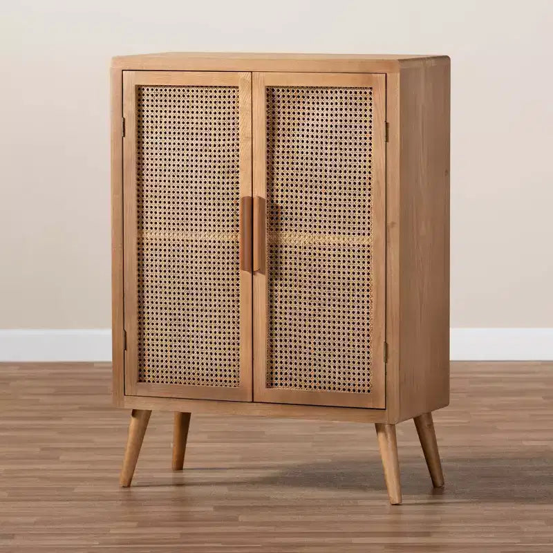 Alina Wood and Rattan 2 Door Accent Storage Cabinet Oak - Baxton Studio : Style bohème, Étagères fixes, Aucun assemblage requis