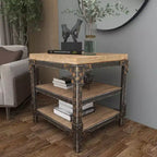 Olivia & May Table d'appoint industrielle à 3 niveaux marron : cadre en bois robuste, étagères fixes, forme carrée